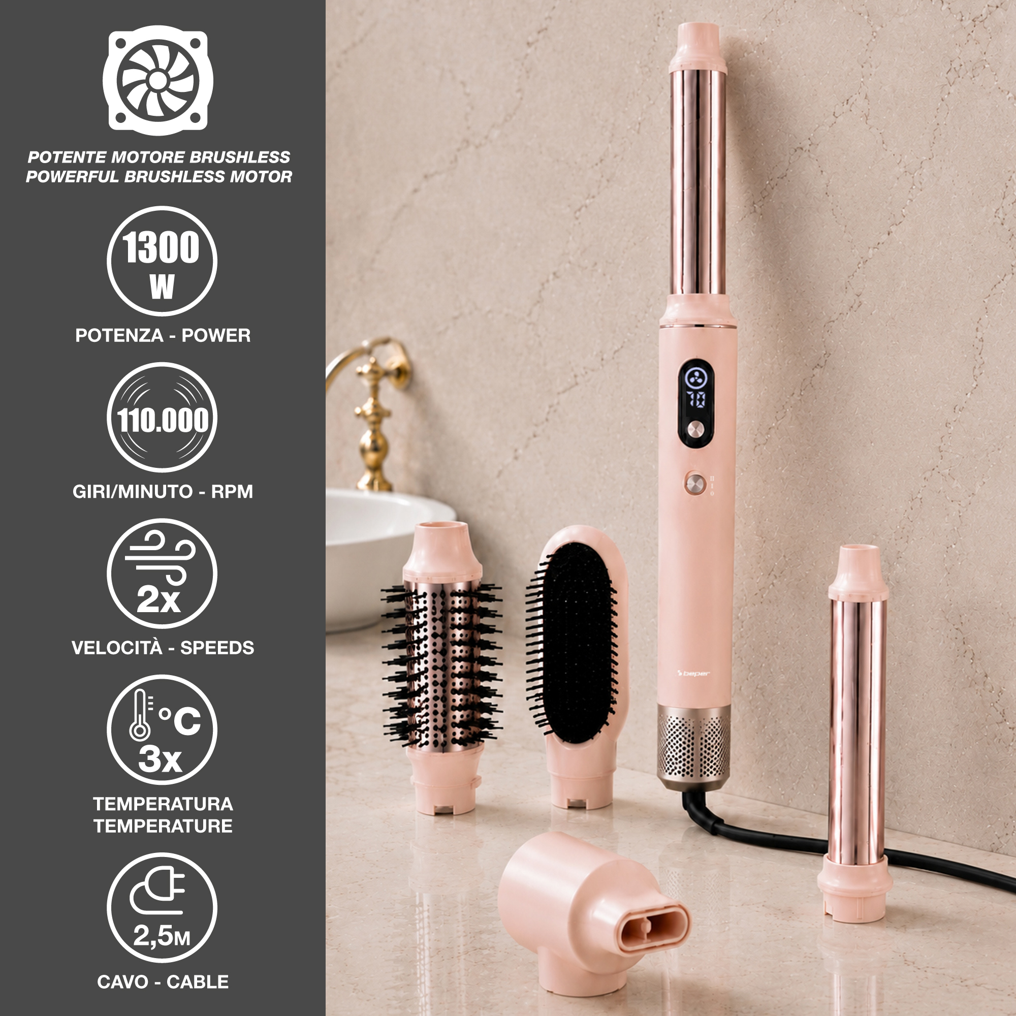 Aparat de coafat multistyler cu aer cald, Beper, P301ASC200