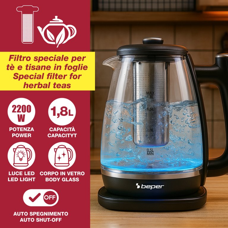 Fierbator electric cu filtru pentru ceai 1.8L, Beper, P101BOL200