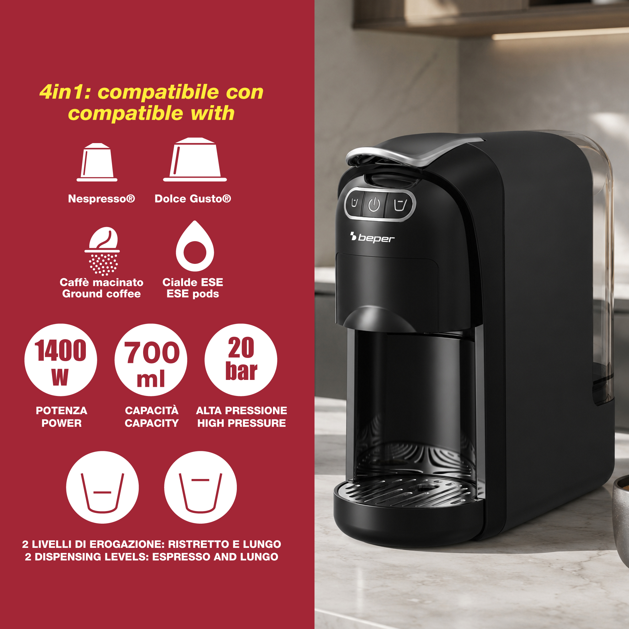 Espressor 4 in 1 AMATA, Beper, P101CAF200