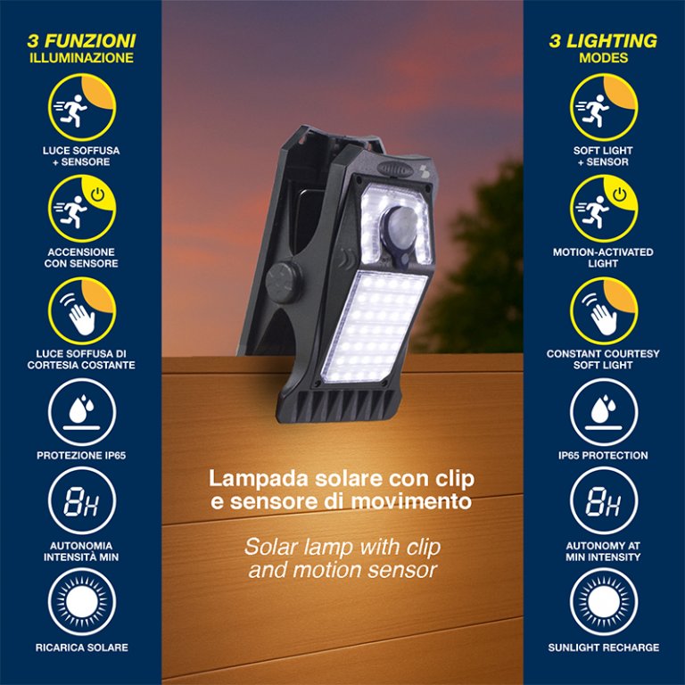 Lampa solara cu clema si senzor de miscare CLIPIA, Beper, P207ILO003