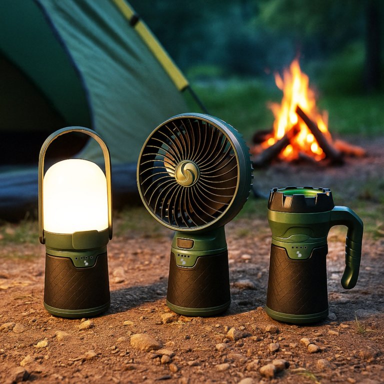 Set 3 in 1 pentru camping: ventilator + lanterna + felinar, Beper, P207ILO900