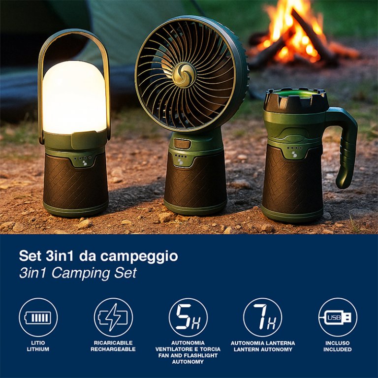 Set 3 in 1 pentru camping: ventilator + lanterna + felinar, Beper, P207ILO900