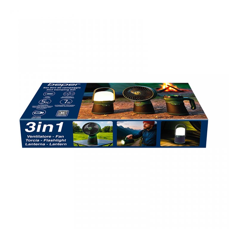 Set 3 in 1 pentru camping: ventilator + lanterna + felinar, Beper, P207ILO900